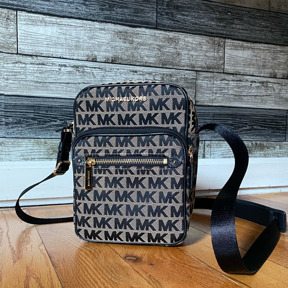 Michael Kors Black MK Patterned Crossbody Bag